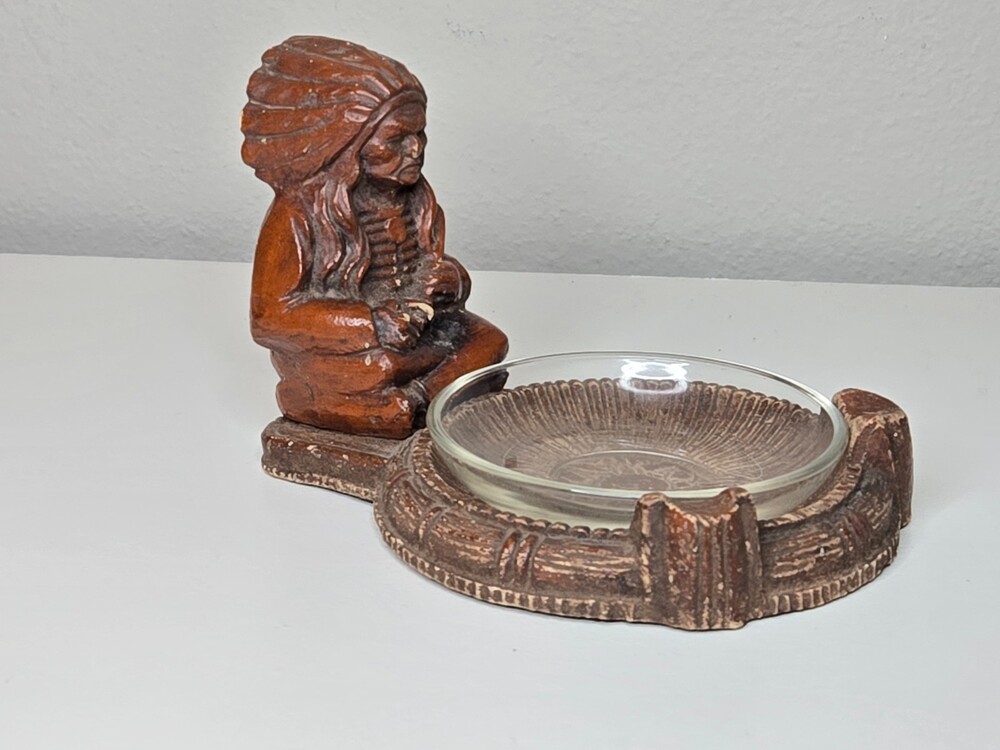 Vintage Native American Chief with Headdress ~ Peace Pipe Ashtray ~ 2 rests